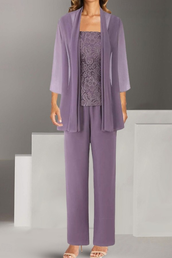 Festliche Mutter Hosenanzug Purpur Chiffon Brautmutterkleider Günstig