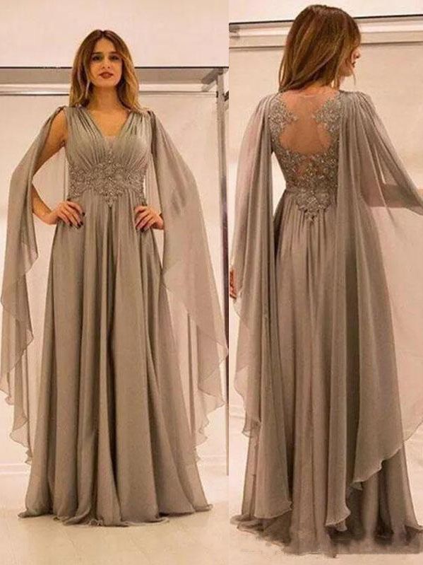 Robe mère de mariée A-ligne mousseline chic | Robe de soirée ligne A col en V