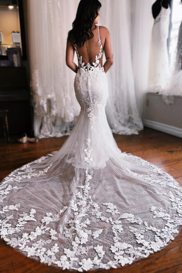 Robe de mariée sirène à bretelles spaghetti en dentelle pas cher