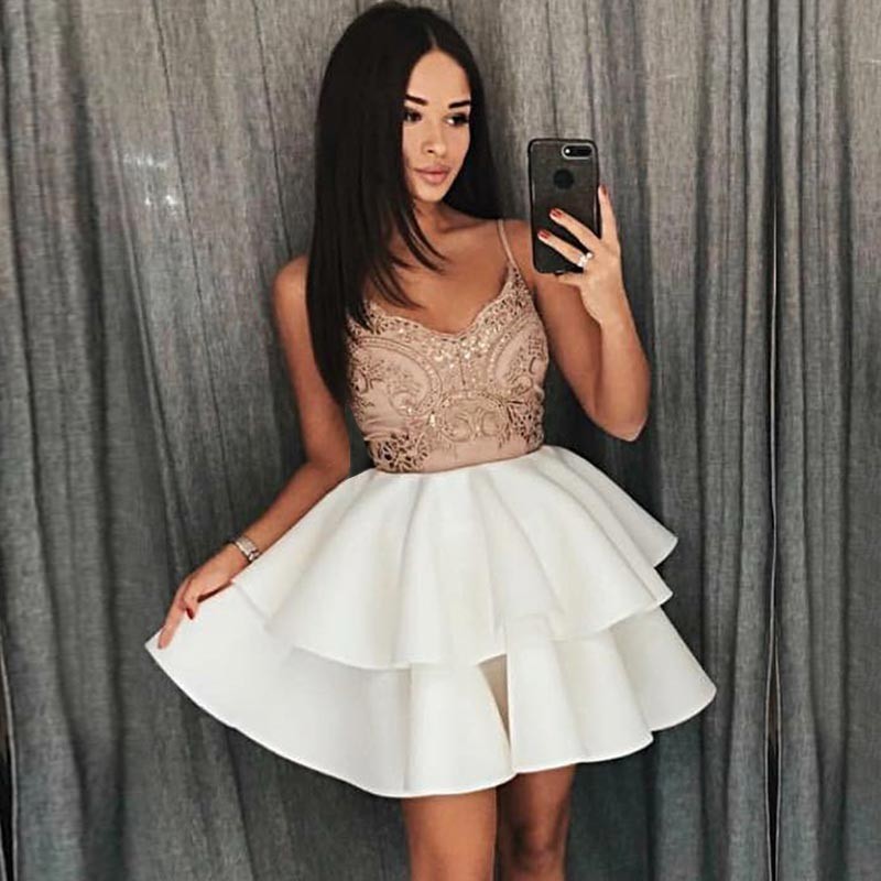 Robe de cocktail A-ligne mini bretelles spaghetti | Robe de soirée ligne A courte chic