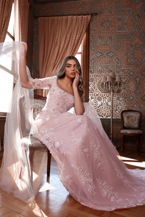 Elegante Abendkleider Lang Rosa Spitze Ballkleider mit Ärmel