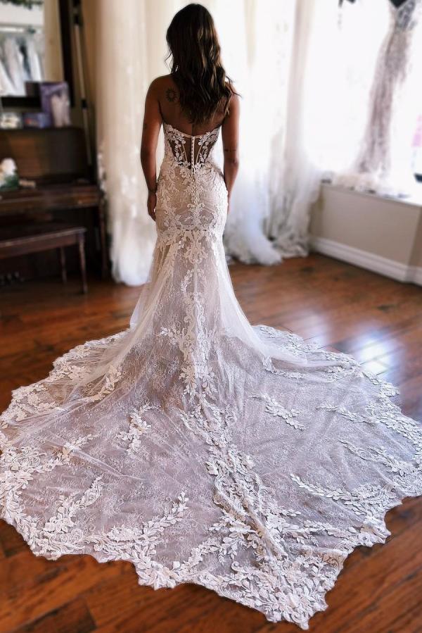 Robe de mariée sirène 2en1 traîne détachable avec dentelles chic et élégante