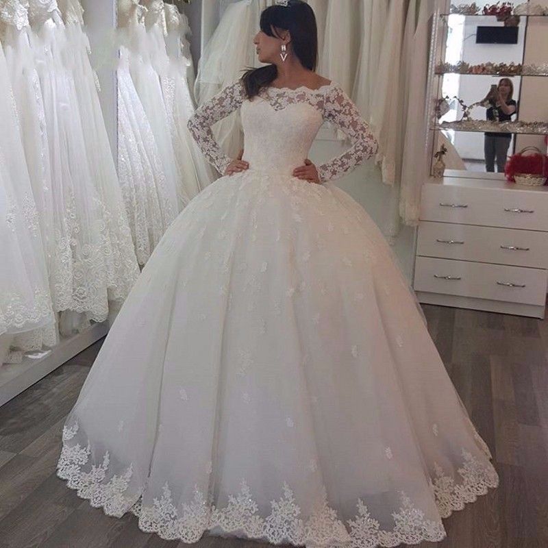 Robe de mariée princesse dentelle manches longues épaules nues | Robe de mariage princesse longue élégante