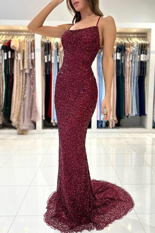 Robe de soirée en paillettes à bretelles spaghetti bordeaux chic