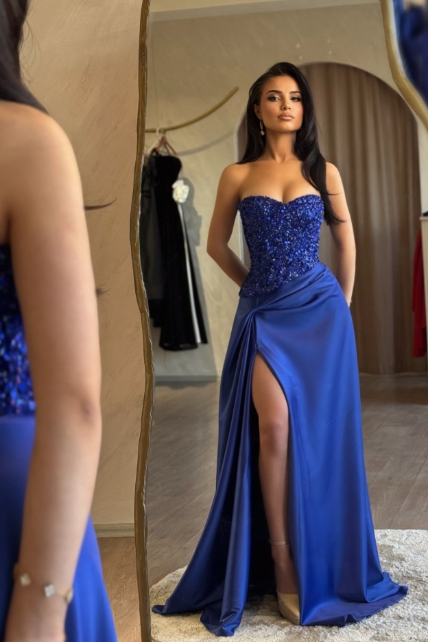Robes de bal bleues longues robes de soirée simples et bon marché avec paillettes