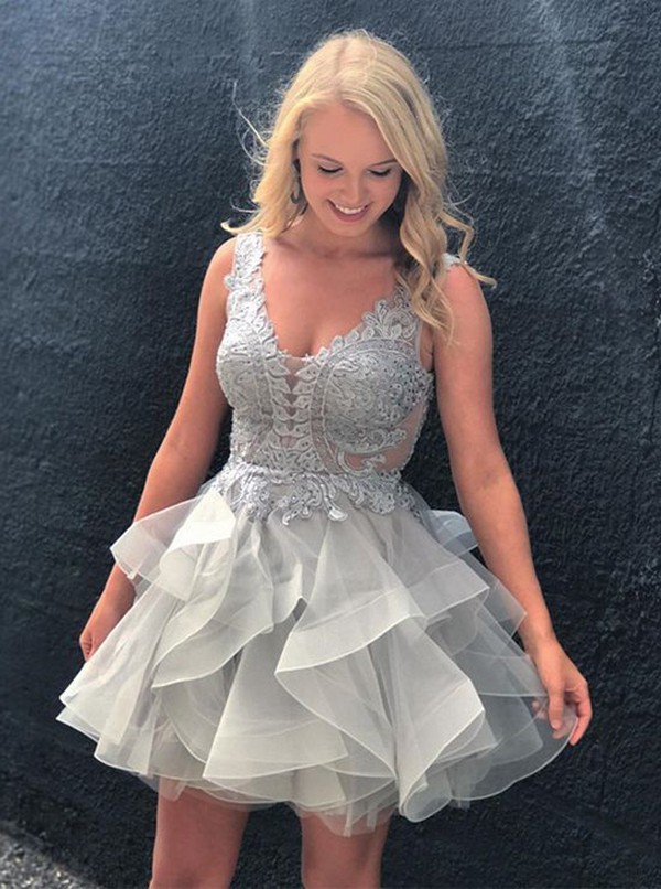 Robe de soirée princesse courte tulle avec dentelle | Robe de cocktail mini princesse chic col en V