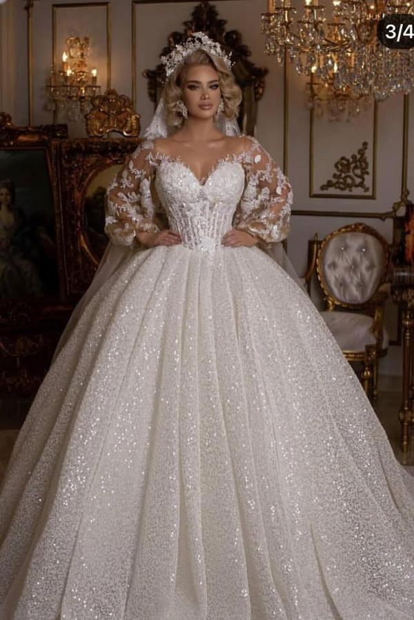 Robes de mariée de luxe avec manches | Robes de mariée princesse paillettes