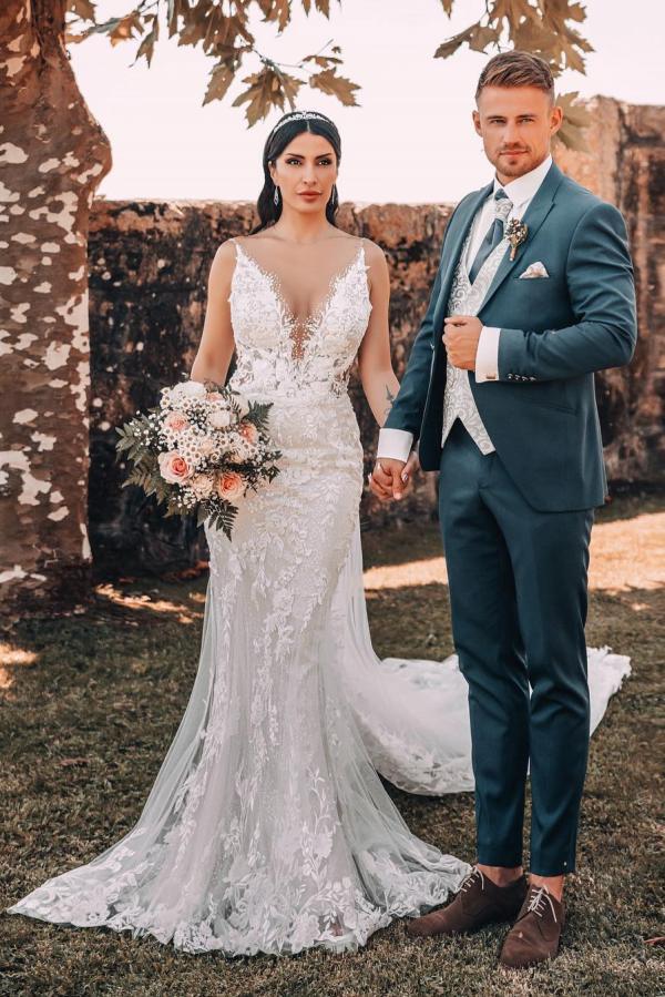 Robe de mariée sirène dentelle à bretelles dos nu populaire