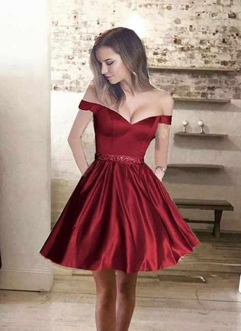 Forme Princesse Court/Mini Epaules nues Satin Elastique Robes de soirée avec Ceinture de Perles