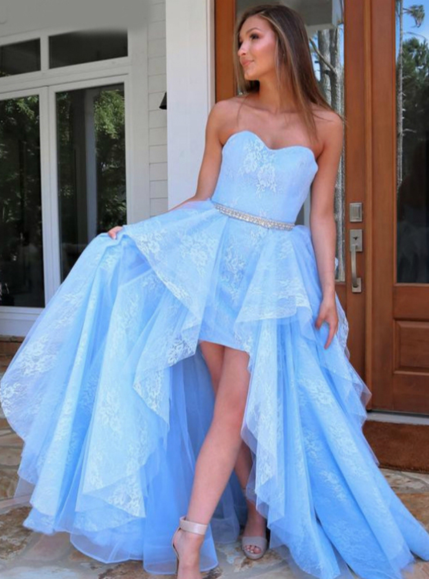 Robe de soirée bleu clair avec dentelle | Robes de Cocktail Court Devant Long Dos