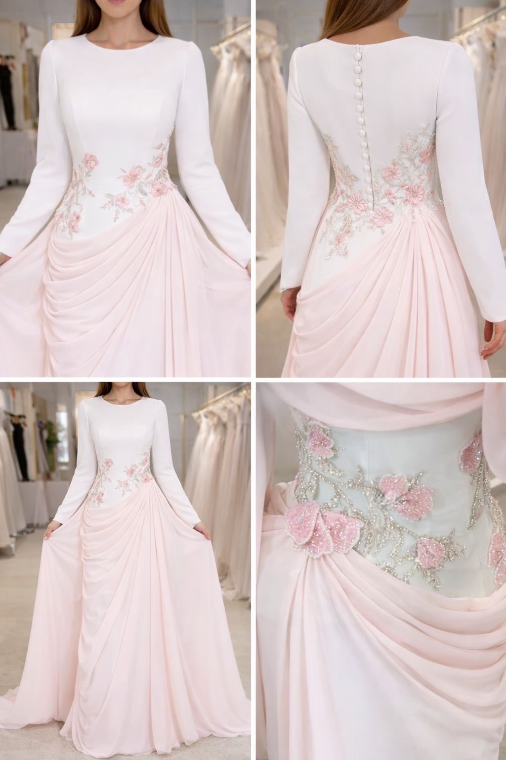 Robes de soirée champagne longues avec manches en dentelle