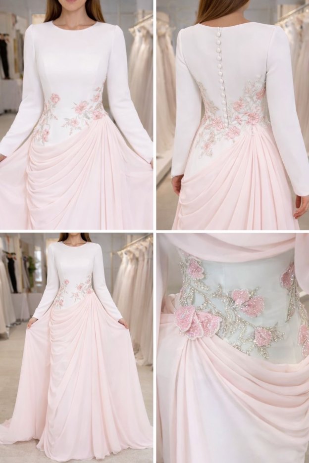 Robes de soirée champagne longues avec manches en dentelle