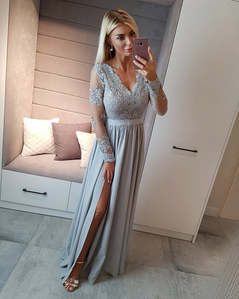 Forme Fourreau Col en V Manches Longues Robe de Soirée Mousseline Dentelle