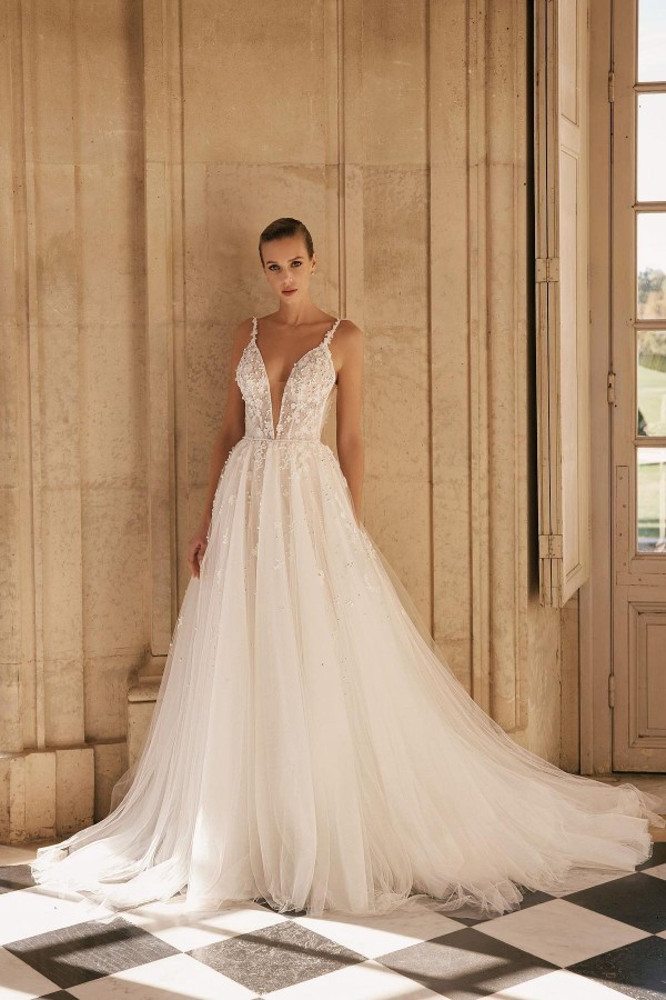 Robe de mariée A-ligne à bretelles spaghetti dentelle pas cher
