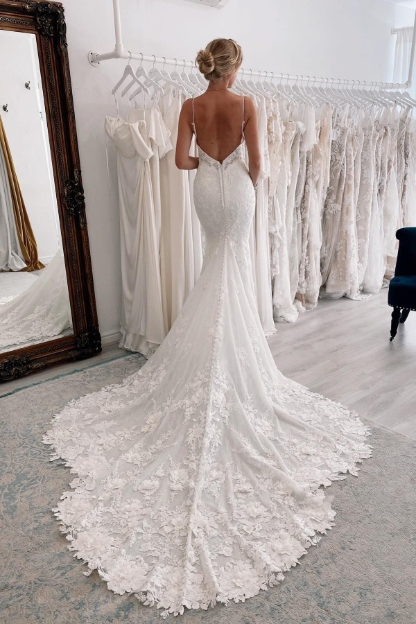 Robe de mariée sirène en dentelle à bretelles spaghetti pas cher