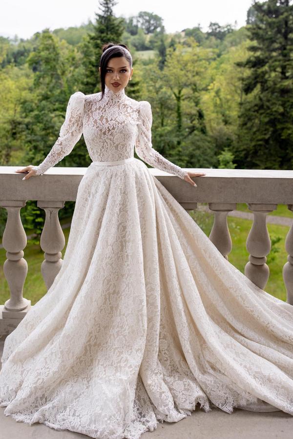 Robes de mariée élégantes robe de mariée en dentelle Une ligne avec manches