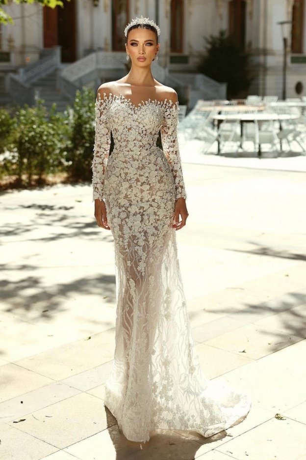 Robes de mariée élégantes en dentelle avec manches robes de mariée pas cher en ligne