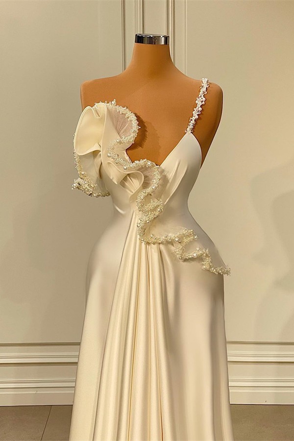 Robe de soirée longue ligne A à bretelles Robe de cérémonie avec appliques fleurie