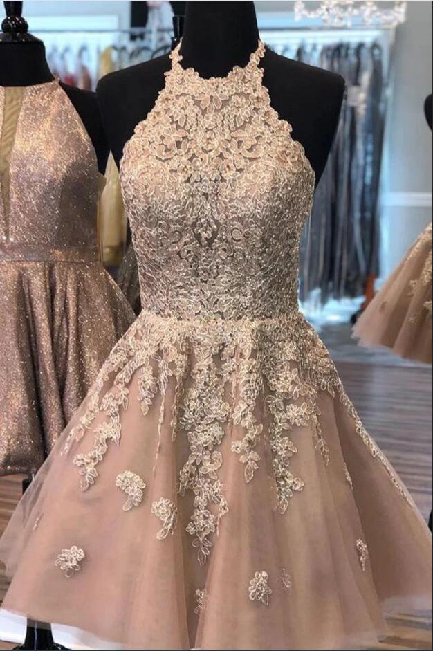Robes de cocktail champagne courtes | Robes de soirée élégantes avec de la dentelle