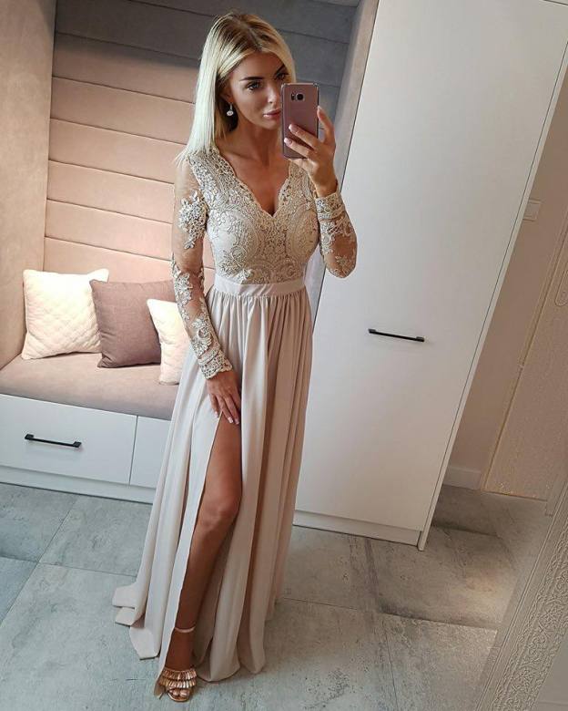 Forme Fourreau Col en V Manches Longues Robe de Soirée Mousseline Dentelle