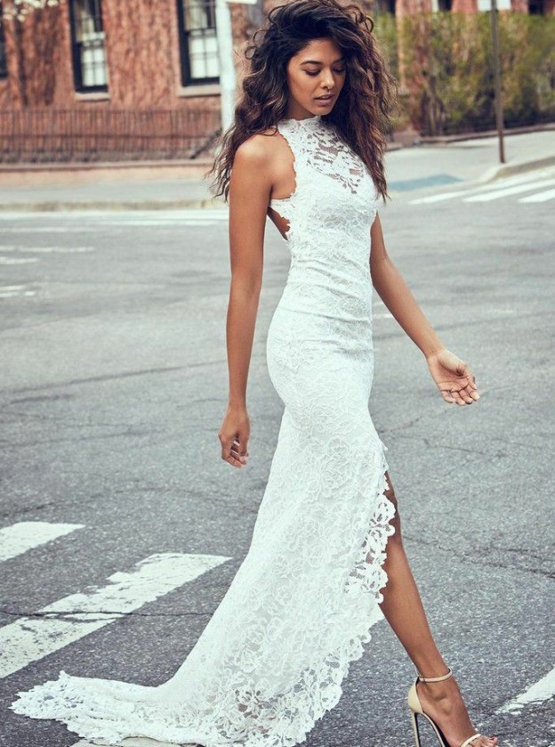 Robe de mariée sirène dentelle fendue devant dos nu | Robe de mariage trompette longue chic