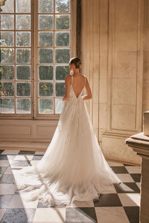 Robe de mariée A-ligne à bretelles spaghetti dentelle pas cher