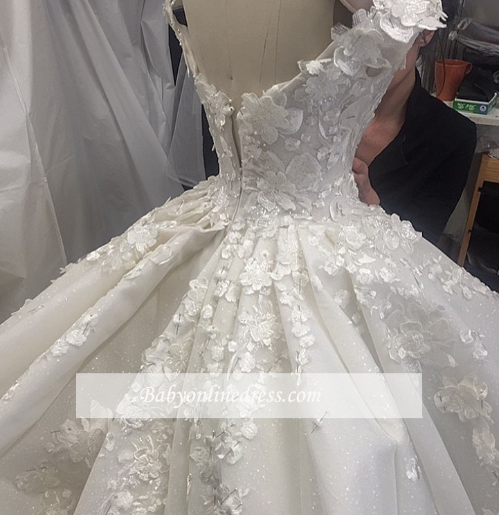 Robe de mariée princesse traîne cathédrale avec fleurs | Robe de mariage princesse longue élégante