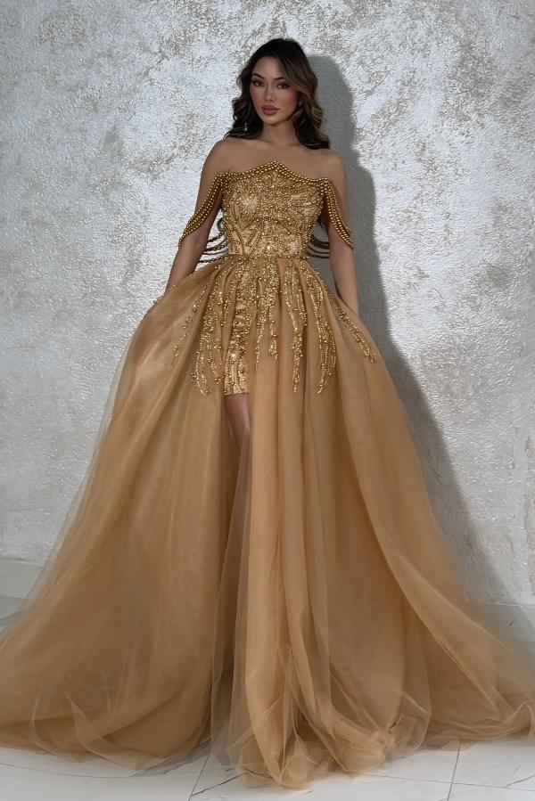 Robes de soirée de luxe dorées, robes de bal hautes et basses, robes de bal à paillettes