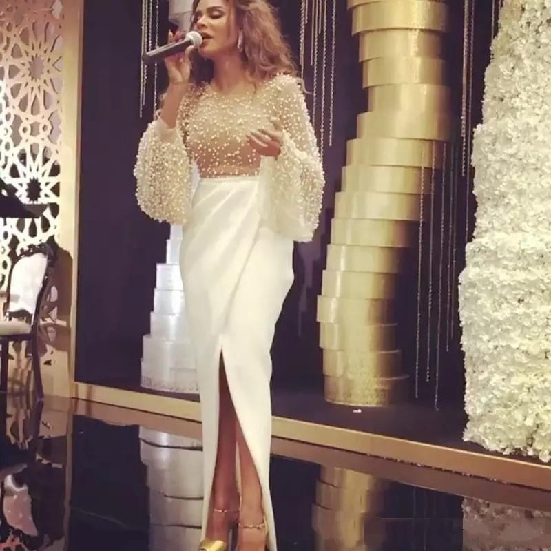 Robe de soirée sirène longue avec perles fendue devant | robe de cérémonie trompette longue chic