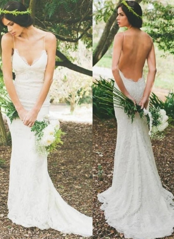 Robe de mariée sirène dentelle dos nu avec bretelles spaghetti | Robe de mariage trompette longue élégante