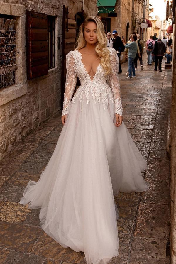 Robe de mariée A-ligne dentelle col en V glamour pas cher