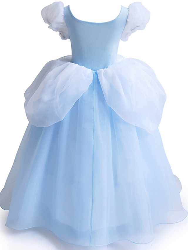 Robe fille de demoiselle d'honneur princesse bleu ciel col col rond avec dentelle