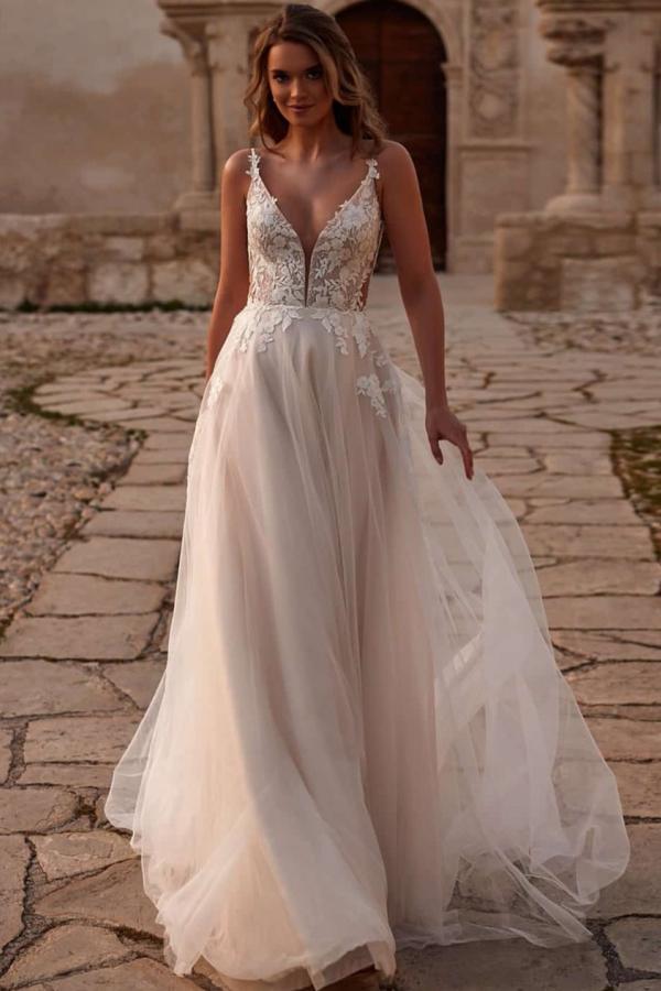 Belles robes de mariée A-Line Boho Robes de mariée avec dentelle