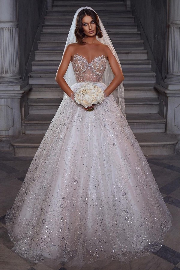 Robes de mariée élégantes paillettes | Robes de mariée Une ligne en dentelle