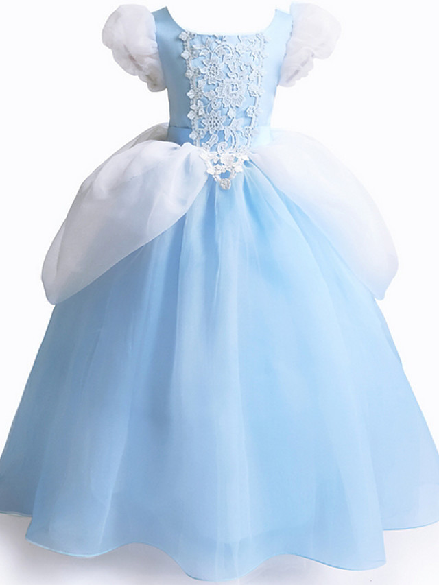 Robe fille de demoiselle d'honneur princesse bleu ciel col col rond avec dentelle