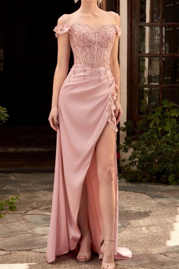 Robe de soirée satin paillettes fleuries épaules dénudées super chic populaire