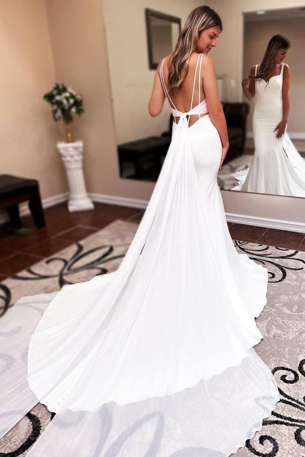 Robe de mariée sirène à bretelles fines dos unique pas cher