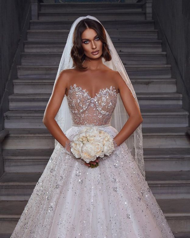 Robes de mariée élégantes paillettes | Robes de mariée Une ligne en dentelle