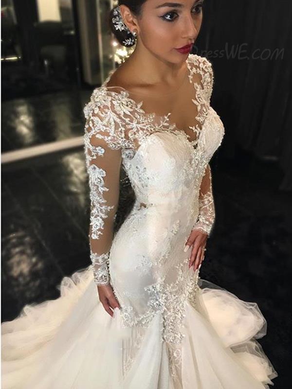 Forme fourreau robe de mariée élégante manche longue dentelle transparent traîne maxi