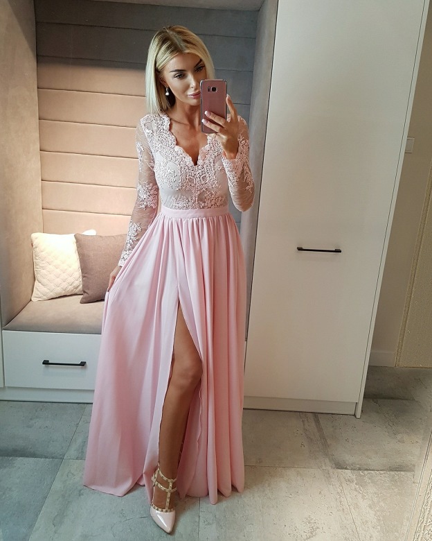 Forme Fourreau Col en V Manches Longues Robe de Soirée Mousseline Dentelle