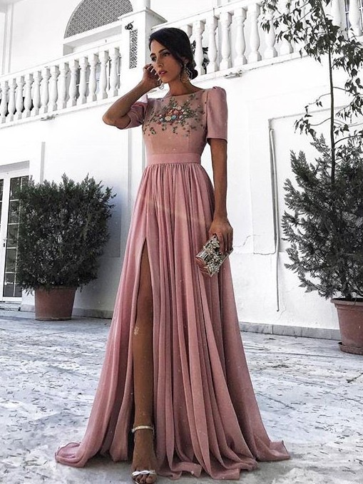 Forme A-ligne Manches Courte Col Rond Mousseline Robe de Soirée à La Fente Avant