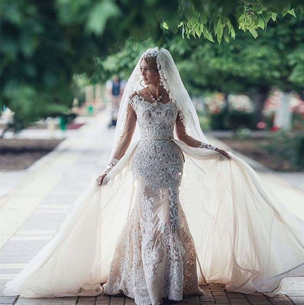 Robe de mariée sirène longue dentelle manches longues | Robe de mariage trompette dentelle