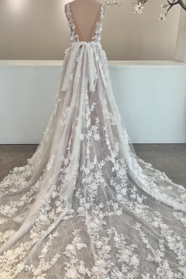 Robes de mariée de créateur, col en V, robe de mariée trapèze en dentelle