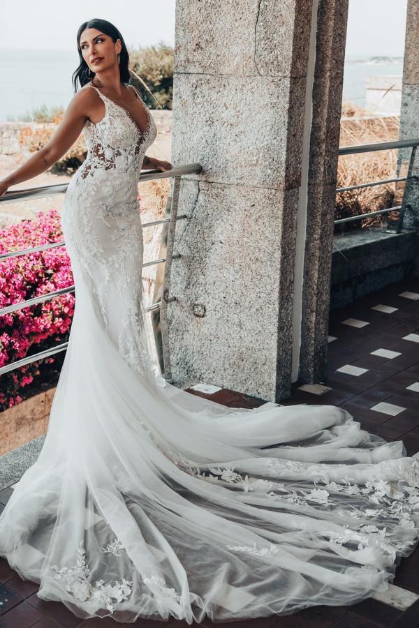 Robe de mariée sirène dentelle à bretelles dos nu populaire