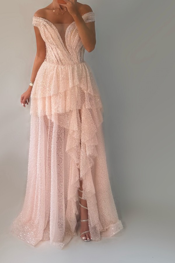 Rosa Abendkleid Lang V Ausschnitt Ballkleider mit Glitzer