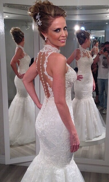 Forme Sirène/Trompette Longueur ras du sol Col montant Tulle Nouveau Robes de mariée sirène avec Dentelle