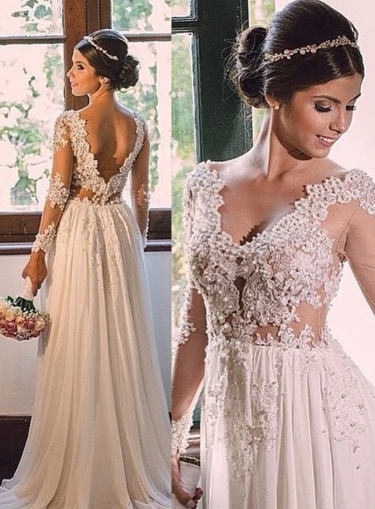 Forme Princesse alayage/Pinceau train Col en V Mousseline polyester Robes de mariée 2021 avec Dentelle