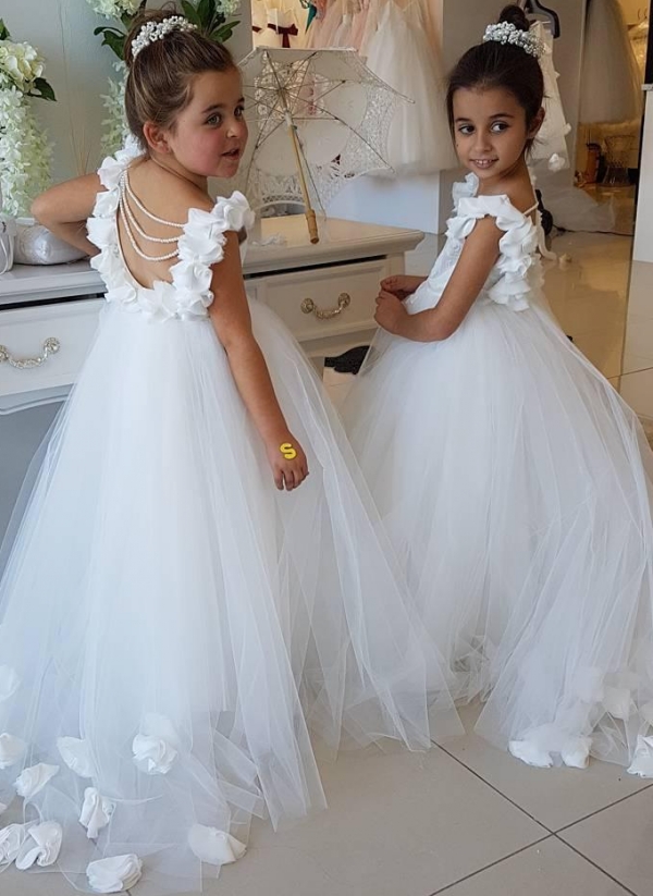 Robe de demoiselle d'honneur enfant princesse en tulle avec fleurs | Robe fillette princesse longue élégante avec perles