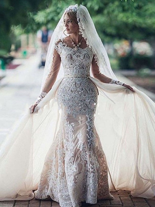 Robe de mariée sirène longue dentelle manches longues | Robe de mariage trompette dentelle