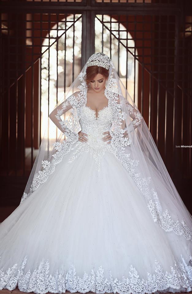 Forme princesse robe de mariée en dentelle délicat manche longue transparent col bateau traîne cathédrale